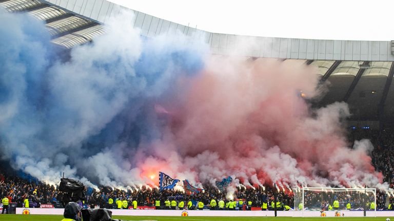 GLASGOW, SCOTLAND - APRIL 30: Rangers fans during a Scottish Cup semi-final match between Rangers and Celtic at Hampden Park, on April 30, 2023, in Glasgow, Scotland.  (Photo by Craig Williamson / SNS Group)