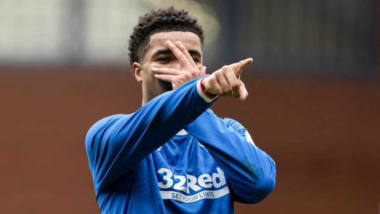 Malik Tillman celebrates after giving Rangers the lead against Dundee United
