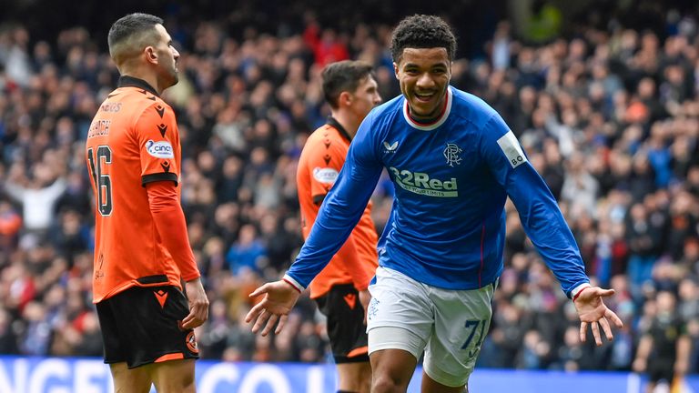 Malik Tillman celebrates after scoring a second goal to give Rangers a 2-0 lead against Dundee United