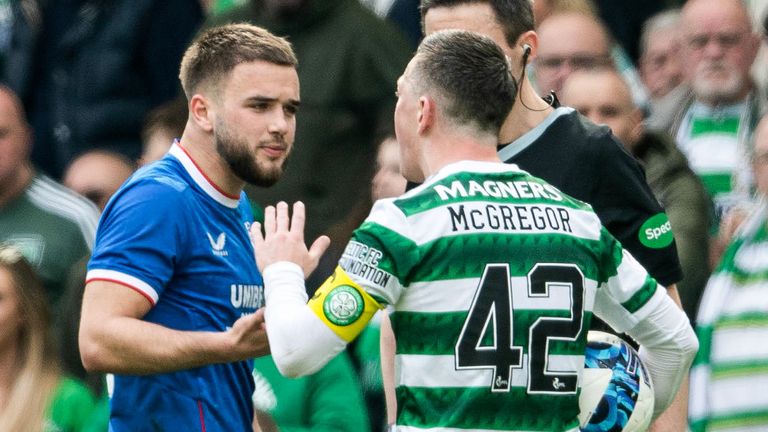 GLASGOW, SCOTLAND - APRIL 08: Celtic&#39;s Callum McGregor and Rangers&#39; Nicjholas Raskin come together during a cinch Premiership match between Celtic and Rangers at Celtic Park, on April 08, 2023, in Glasgow, Scotland.  (Photo by Craig Foy / SNS Group)