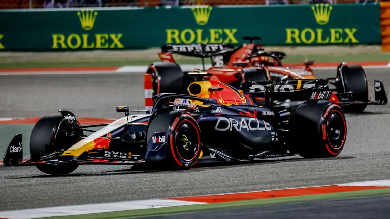 Max Verstappen leads Charles Leclerc at the Bahrain Grand Prix