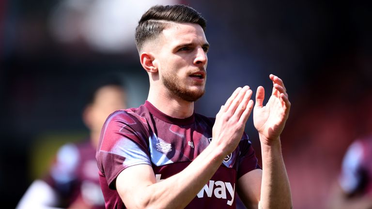Declan Rice applauds the West Ham fans at Bournemouth