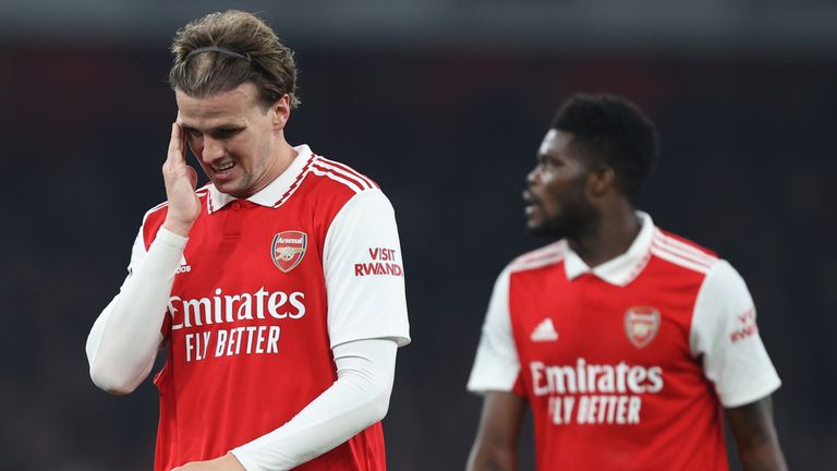 Rob Holding and Thomas Partey look dejected after one of Southampton's goals 