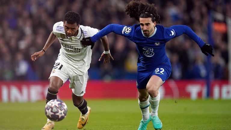 Marc Cucurella challenges Rodrygo during the second leg of Chelsea's Champions League tie with Real Madrid