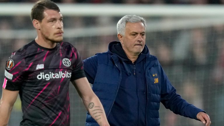 Roma's head coach Jose Mourinho leaves the field 