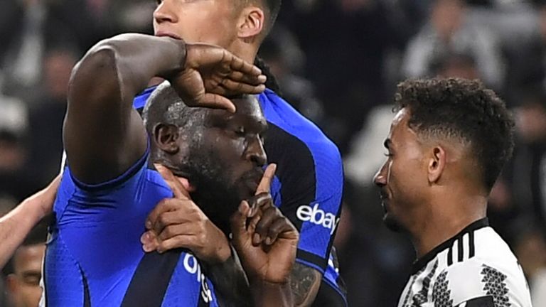 Inter Milan's Romelu Lukaku, center, reacts following the Italian cup semi final first leg soccer match between Juventus and Inter Milan, at the Allianz Stadium, in Turin, Italy, Tuesday, April 4, 2023. (Fabio Ferrari/LaPresse via AP)