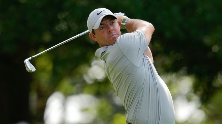 Rory McIlroy, of Northern Ireland, watches his tee shot on the fourth hole during the second round of the Masters golf tournament at Augusta National Golf Club on Friday, April 7, 2023, in Augusta, Ga. (AP Photo/Mark Baker)