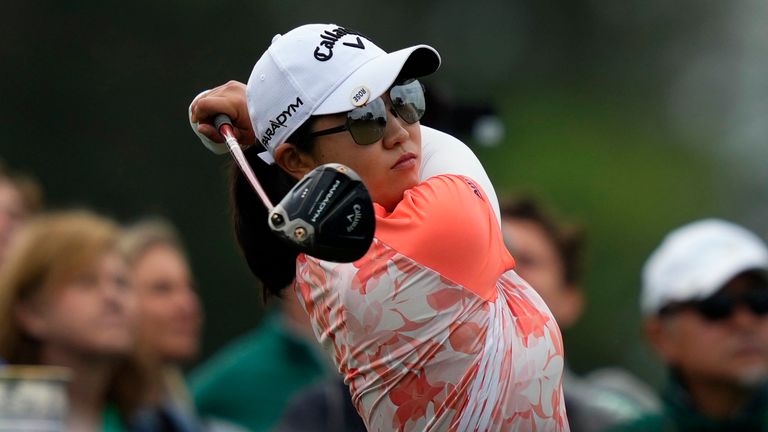 Rose Zhang watches her shot on the first tee during the final round of the Augusta National Women's Amateur golf tournament, Saturday, April 1, 2023, in Augusta, Ga. (AP Photo/Matt Slocum)