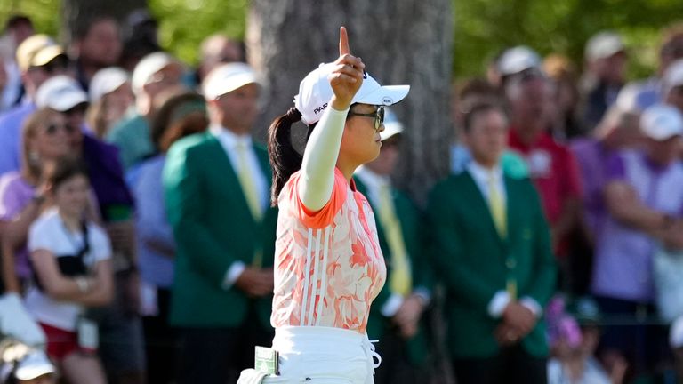 Rose Zhang reacts after putting on the 10th green during a playoff against Jenny Bae at the Augusta National Women's Amateur golf tournament, Saturday, April 1, 2023, in Augusta, Ga. (AP Photo/Matt Slocum)