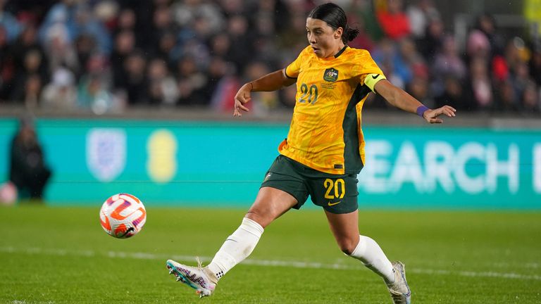 Australia&#39;s Sam Kerr scores their side&#39;s first goal of the game during the Alzheimer&#39;s Society International at the Gtech Community Stadium, Brentford. Picture date: Tuesday April 11, 2023.