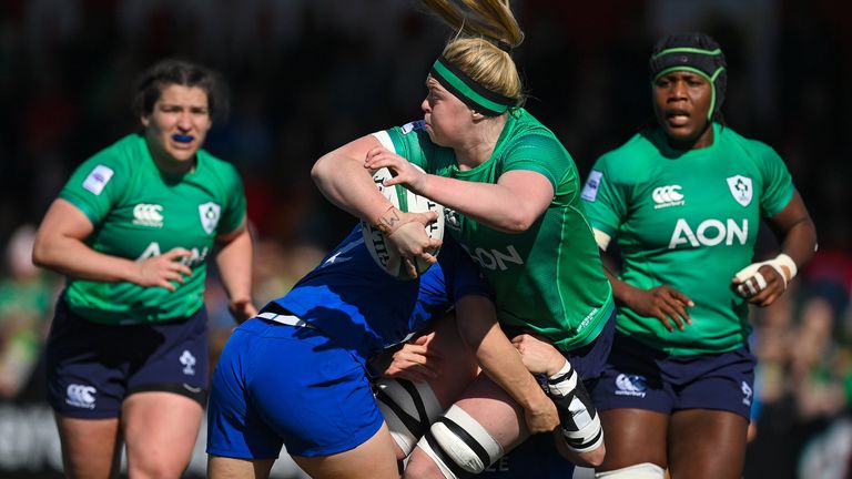 1 April 2023; Sam Monaghan of Ireland is tackled by Agathe Sochat of France during the TikTok Women's Six Nations Rugby Championship match between Ireland and France at Musgrave Park in Cork. Photo by Brendan Moran/Sportsfile