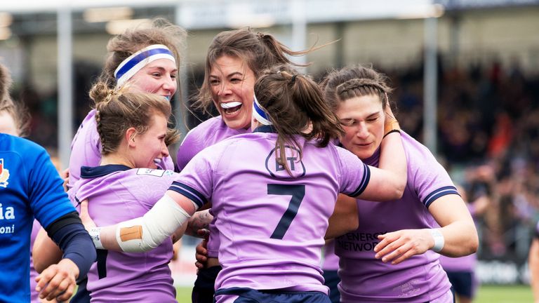 EDINBURGH SCOTLAND - APRIL 22: Louise McMillan celebrates her try for Scotland during a TikTok Women's Six Nations match between Scotland and Italy at the DAM Health Stadium, on April 22, in Edinburgh, Scotland.  (Photo by Ross Parker / SNS Group)