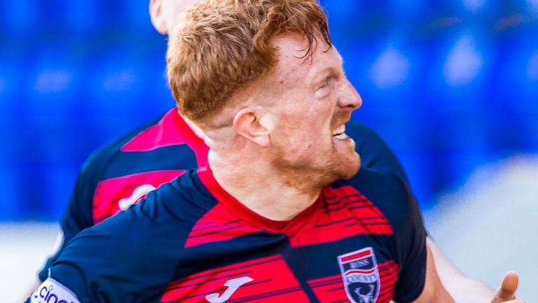 PERTH, SCOTLAND - APRIL 08: Ross County's Simon Murray celebrates scoring to make it 1-0 during a cinch Premiership match between St Johnstone and Ross County at McDiarmid Park, on April 08, 2023, in Perth, Scotland.  (Photo by Roddy Scott / SNS Group)