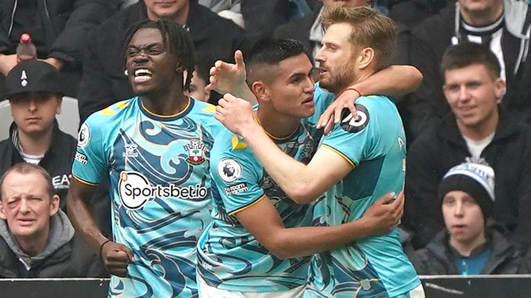 Stuart Armstrong is congratulated after giving Southampton a 1-0 lead at Newcastle