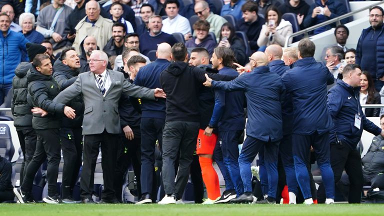 Backroom staff from Spurs and Brighton clash on the touchline