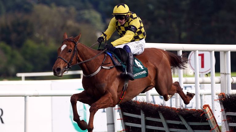 State Man and Paul Townend jump the last in the Punchestown Novice Hurdle