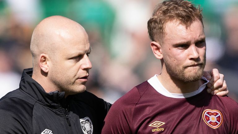 EDINBURGH, SCOTLAND - APRIL 15: Hearts interim manager Steven Naismith and Nathaniel Atkinson at full time during a cinch Premiership match between Hibernian and Heart of Midlothian at Easter Road, on April 15, 2023, in Edinburgh, Scotland.  (Photo by Craig Williamson / SNS Group)