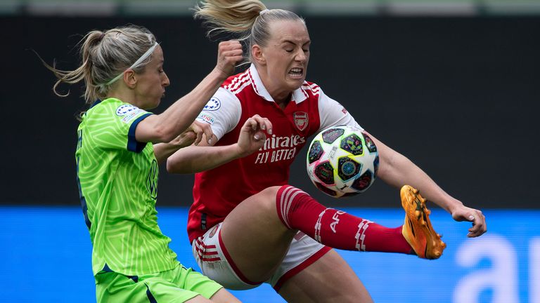 Arsenal's Stina Blackstenius competes against Wolfsburg's Kathrin Hendrich