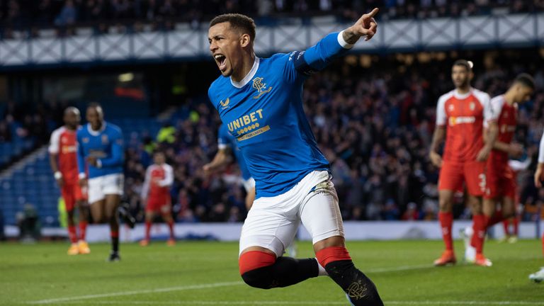 GLASGOW, SCOTLAND - APRIL 14: Rangers' James Tavernier celebrates making it 1-0 during a UEFA Europa League Quarter Final 2nd Leg match between Rangers and SC Braga at Ibrox, on April 14, 2022, in Glasgow, Scotland.  (Photo by Alan Harvey / SNS Group)