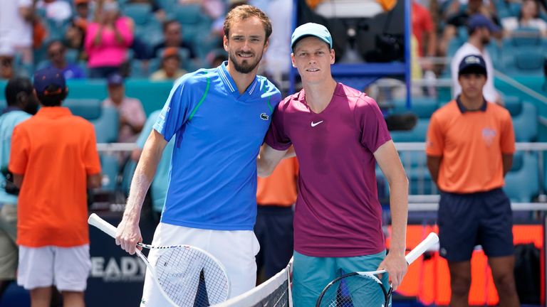 Daniil Medvedev, of Russia, left, and Jannik Sinner, of Italy, pose for a photo before the start of the men&#39;s singles finals of the Miami Open tennis tournament, Sunday, April 2, 2023, in Miami Gardens, Fla. (AP Photo/Wilfredo Lee)