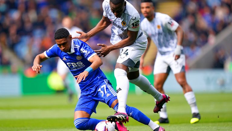 Leicester City's Tete (left) and Wolves' Toti battle for the ball