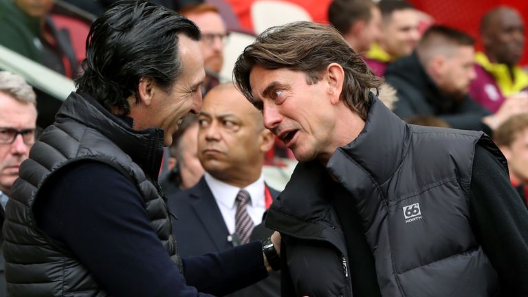 Aston Villa manager Unai Emery (left) and Brentford manager Thomas Frank during the Premier League match at the Gtech Community Stadium, London. Picture date: Saturday April 22, 2023.