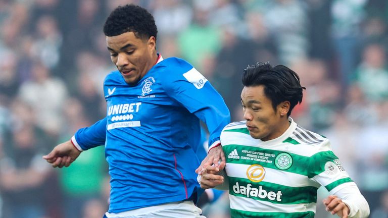 Rangers&#39; Mailk Tillman (L) and Celtic&#39;s Reo Hatate
