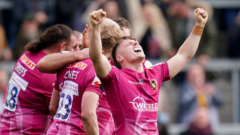 Exeter Chiefs v Montpellier Herault Rugby - Heineken Champions Cup - Round of 16 - Sandy Park
Exeter Chief�s Tom Cairns celebrates during the Heineken Champions Cup round of 16 match at Sandy Park Stadium, Exeter. Picture date: Sunday April 2, 2023.