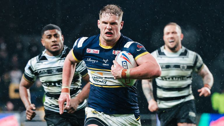 Picture by Alex Whitehead/SWpix.com - 14/04/2023 - Rugby League - Betfred Super League - Leeds Rhinos v Hull FC - Headingley Stadium, Leeds, England - Leeds’ Tom Holroyd runs in for a try.
