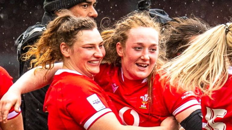 Cardiff , United Kingdom - 25 March 2023; Wales players celebrate after the TikTok Women's Six Nations Rugby Championship match between Wales and Ireland at Cardiff Arms Park in Cardiff, Wales. (Photo By Mark Lewis/Sportsfile via Getty Images)