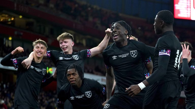 West Ham United players celebrate after Josh Briggs scores their side's fifth goal of the game during the FA Youth Cup final match at the Emirates Stadium, London. Picture date: Tuesday April 25, 2023.