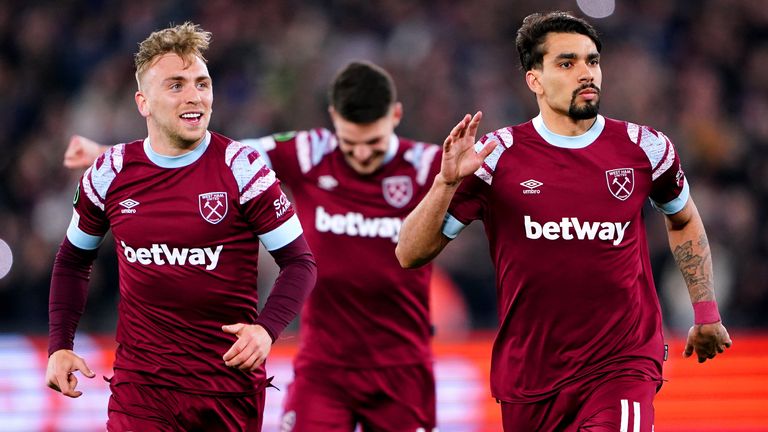 Lucas Paqueta (right) celebrates scoring West Ham&#39;s second goal against Gent