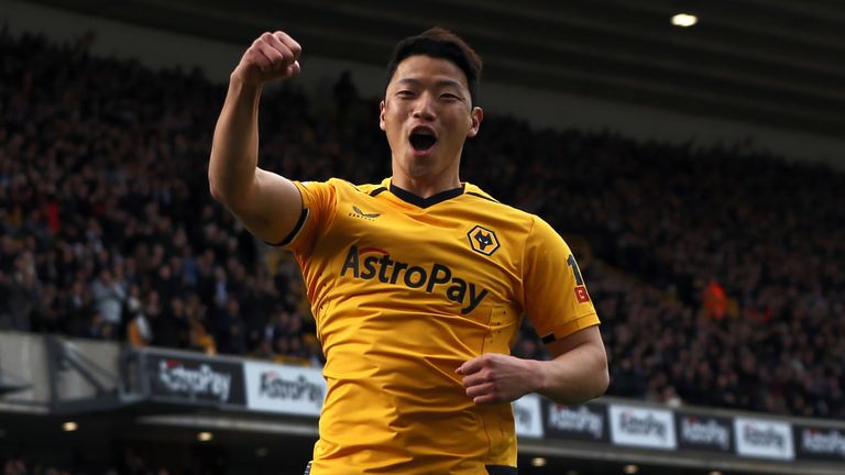 Hwang Hee-chan celebrates after doubling Wolves' lead against Brentford