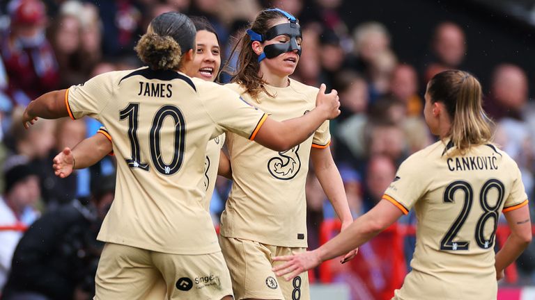 Sam Kerr is congratulated by her team-mates after opening the scoring for Chelsea against Aston Villa