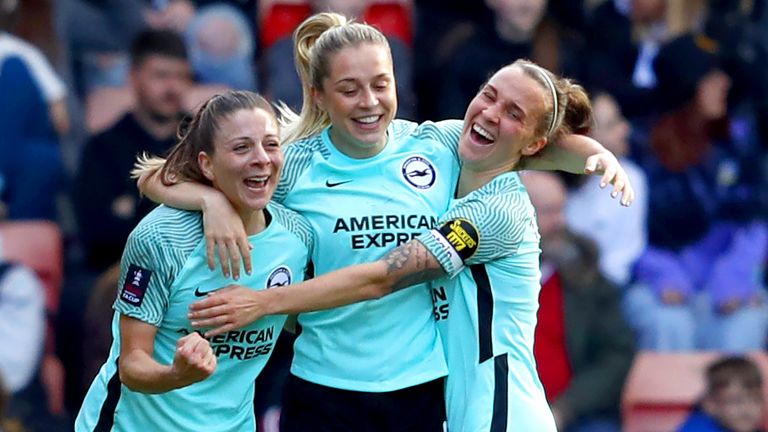 Brighton players celebrate after taking the lead against Manchester United via a Mary Earps own goal