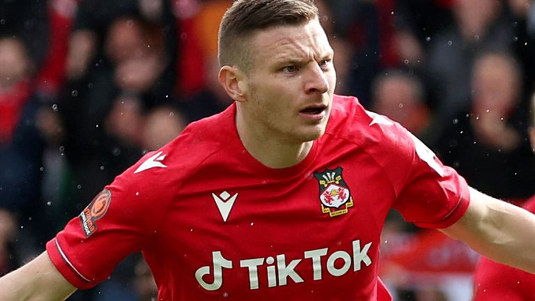 WREXHAM, WALES - APRIL 10: Paul Mullin of Wrexham celebrates after scoring the team's first goal during the Vanarama National League match between Wrexham and Notts County at The Racecourse on April 10, 2023 in Wrexham, Wales. (Photo by Jan Kruger/Getty Images)
