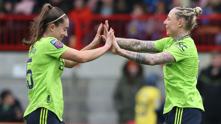 Leah Galton celebrates her second goal with team-mate Maya Le Tissier