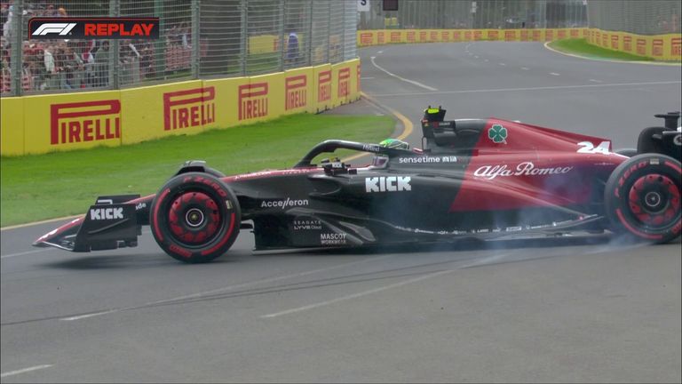 Zhou Guanyu hits the wall in his Alfa Romeo during P3 ahead of the Australian GP but avoids damage.
