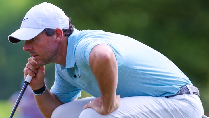 CHARLOTTE, NC - MAY 07: Rory McIlroy reads the 11th green during the final round of the Wells Fargo Championship on May 7, 2023 at Quail Hollow Club in Charlotte, NC. (Photo by David Jensen/Icon Sportswire) (Icon Sportswire via AP Images) 