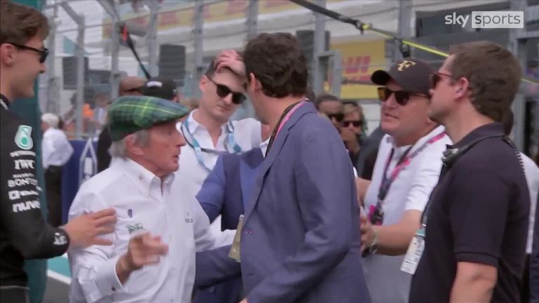 Sir Jackie Stewart defies security guards (and George Russell) to grab Roger Federer to make him speak to Martin Brundle...