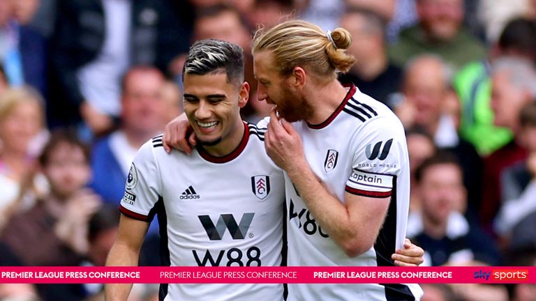 
Add to lightbox
Fulham v Leeds United - Premier League - Craven Cottage
Fulham&#39;s Andreas Pereira (left) celebrates scoring their side&#39;s second goal of the game during the Premier League match at Craven Cottage, London. Picture date: Saturday April 22, 2023.