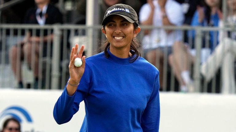 Aditi Ashok waves to the gallery after finishing on the 18th green in the final round of the LPGA LA Championship golf tournament at Wilshire Country Club, Sunday, April 30, 2023, in Los Angeles. (AP Photo/Marcio Jose Sanchez)