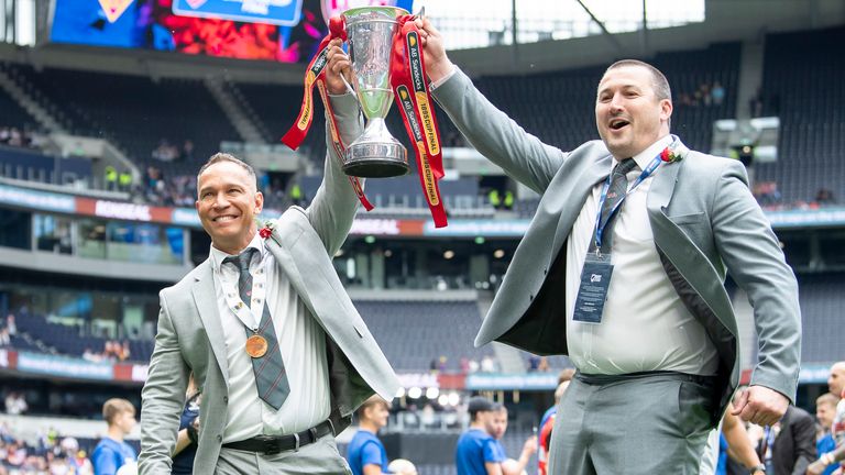 Adrian Lam and Leigh head of rugby Chris Chester celebrate last year's 1895 Cup triumph