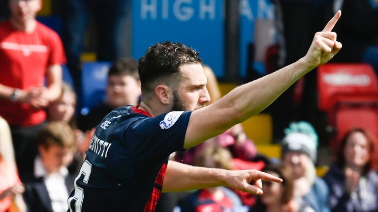 DINGWALL, SCOTLAND - MAY 06: Ross County's Alex Iacovitti (C) celebrates scoring to make it 1-0 during a cinch Premiership match between Ross County and Livingston at the Global Energy Stadium, on May 06, 2023, in Dingwall, Scotland.  (Photo by Rob Casey / SNS Group)
