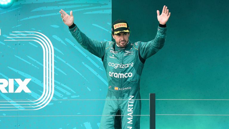 Fernando Alonso on the podium after his third place at the Miami GP