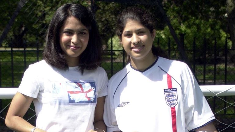 Aman Dosanj (right) was the first British South Asian to play for England at any level, with her story drawing comparisons to Parminder Nagra's (left) character in the film 'Bend it like Beckham'