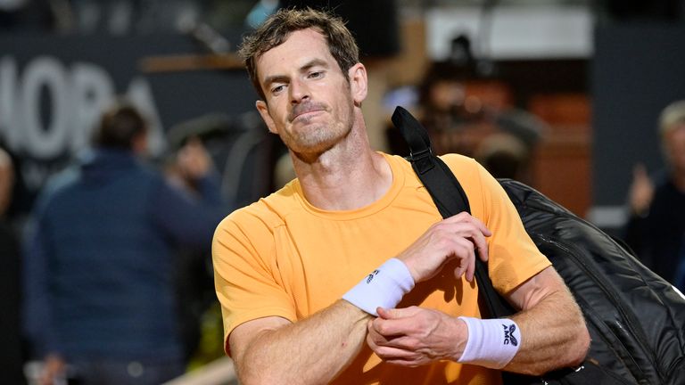 Britain's Andy Murray leaves after he lost his match against Italy's Fabio Fogini during the Rome Masters tennis tournament in Rome, Italy, Wednesday, May 10, 2023. (Fabrizio Corradetti/LaPresse via AP)