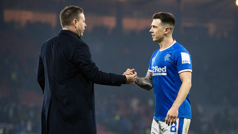 GLASGOW, SCOTLAND - JANUARY 15: Rangers manager Michael Beale (L) and Ryan Jack at full time during a Viaplay Cup Semi Final match between Rangers and Aberdeen at Hampden Park, on January 15, 2023, in Glasgow, Scotland. (Photo by Alan Harvey / SNS Group)