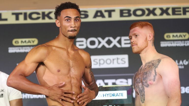 BEN SHALOM...S BOXXER CROWNING GLORY FIGHT NIGHT..05/05/2023 OFFICIAL WEIGH-IN..HILTON BIRMINGHAM METROPOLE..PIC LAWRENCE LUSTIG/BOXXER..(PICS FREE FOR EDITORIAL USE ONLY).Ben Whittaker vs Jordan Grant.Light-Heavyweight Contest