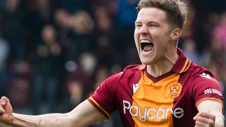 MOTHERWELL, SCOTLAND - MAY 06: Motherwell's Blair Spittal (C) celebrates scoring to make it 1-0 during a cinch Premiership match between Motherwell and Kilmarnock at Fir Park, on May 06, 2023, in Motherwell, Scotland.  (Photo by Craig Foy / SNS Group)